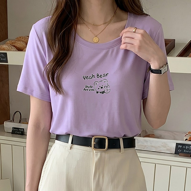 스타일아유 여성 모달 곰 캐릭터 미니 포인트 프린트 라운드넥 반팔 티셔츠 여름 데일리 베이직 베이직 반팔티 TS4052