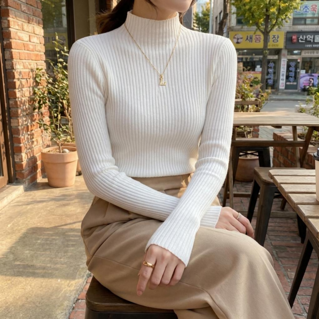 와이엠베스트 여성 봄 얇은 골지 니트 스웨터 슬림핏 간절기 목폴라