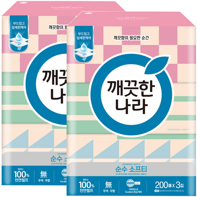 깨끗한나라 미용티슈 순수 소프티 200매 3입 2팩, 6개