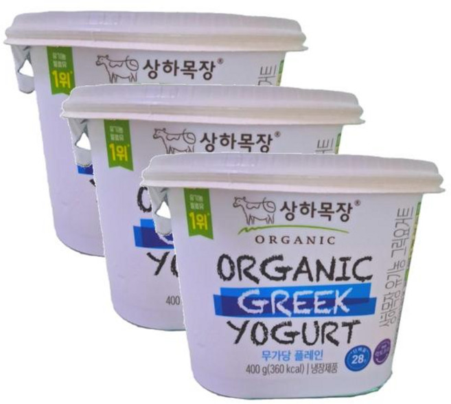 상하목장 유기농 그릭요거트 무가당 플레인 냉장 방학간식 400g 3개 1세트