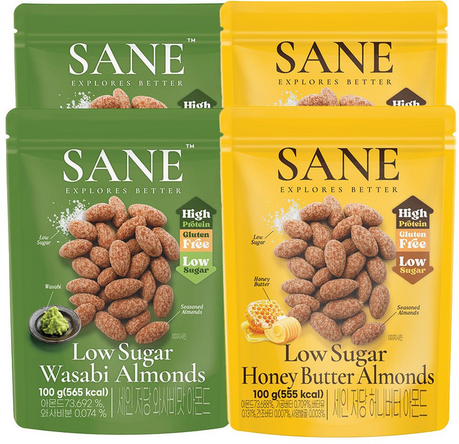 세인 저당 고단백 아몬드 허니버터맛2봉 + 와사비맛2봉, 4개, 100g