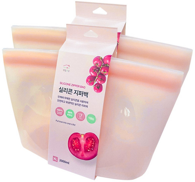 생활애담 플래티넘 실리콘 지퍼백 핑크, 2000ml*2p, 1세트