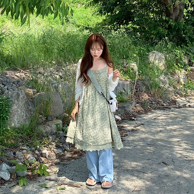 [당일출고]그린티 빈티지 플라워 레이스 끈 나시 레이어드 원피스