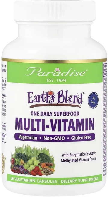 Paradise Herbs Earth's Blend 원 데일리 슈퍼 푸드 종합비타민 철분 무함유 베지 캡슐 60정, ParadiseHerbsEarthsBlend원데일리슈퍼, 1개 - 쿠팡