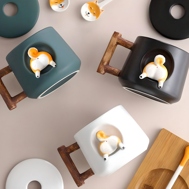 [귀여운 강아지 머그컵] 홈카페 감성 도자기 머그잔 (특이한 커피잔+머그 컵 뚜껑 세트), 1개, 블랙