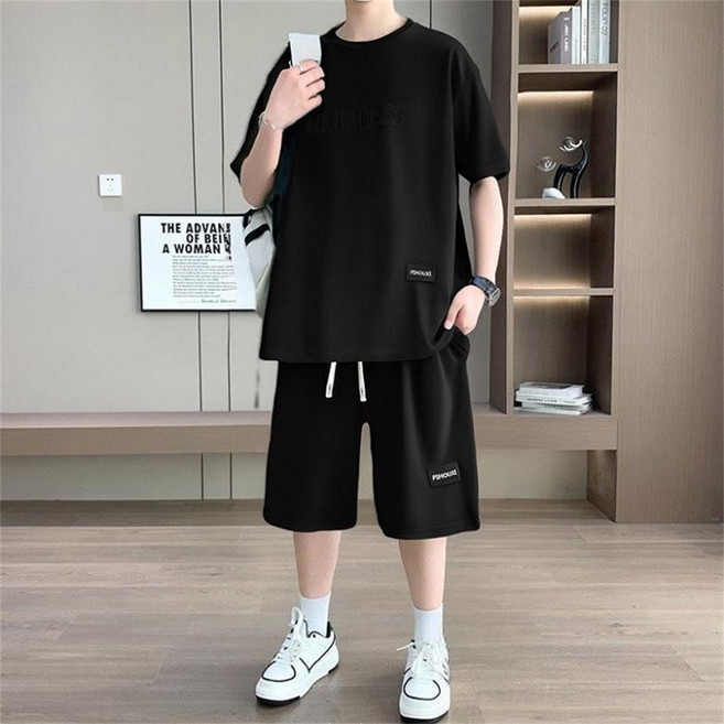 VEZRI 남성 여름 반팔 티셔츠 반바지 세트 청소년 스탬프 프린팅 캐주얼 운동복 2피스 F88