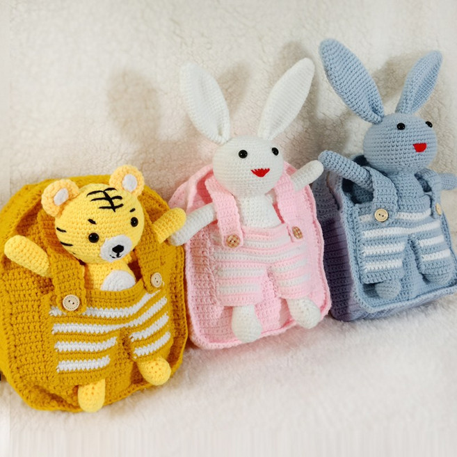 호랑이 애착 인형 가방 뜨기 만들기 코바늘 뜨개질, 핑크 토끼, 1개