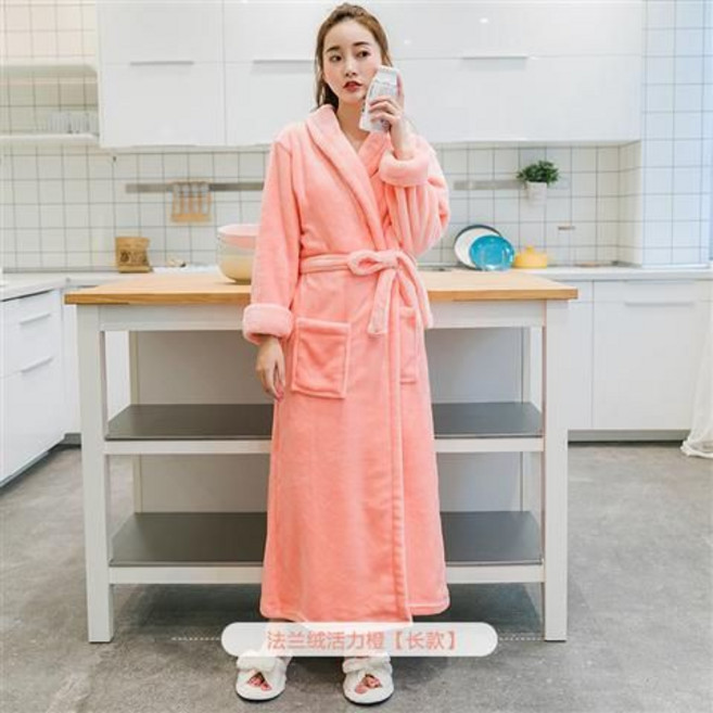 法蘭絨睡袍 加厚浴袍 情侶睡衣, 1個, 推薦款橙色【加厚加長】女XXL碼建議體重170-220斤