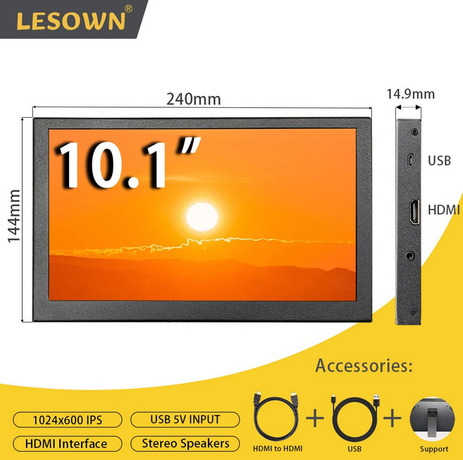 LESOWN 소형 와이드 세컨드 인치 모니터 스크린 LCD IPS 휴대용 스피커 HD 터치스크린 PC용 미니 10 1024X600, 03 10.1in no Touch, 1개