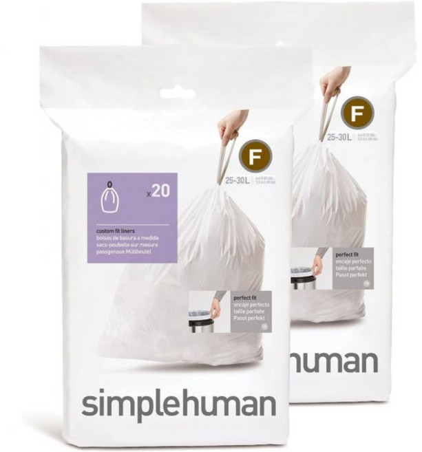 simplehuman심플 휴먼 코드 M 정품 커스텀 핏 드로스트링 쓰레기봉투 디스펜서 팩 20개5개 45리터/11.9갤런 화이트, White, 2 Count (Pack of 20), Code F, 45L