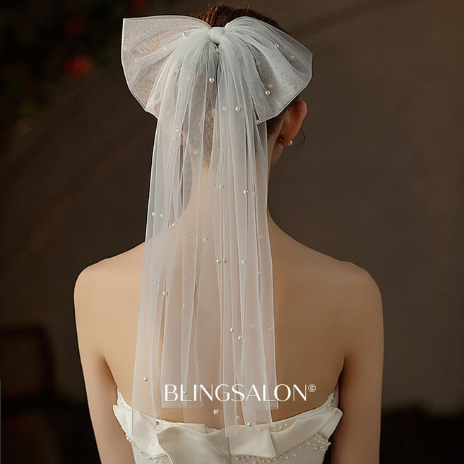 블링살롱 웨딩 블루밍 진주 오간자 풍성 왕 리본 고급 면사포 웨딩베일 집게핀 셀프웨딩촬영 브라이덜샤워 소품