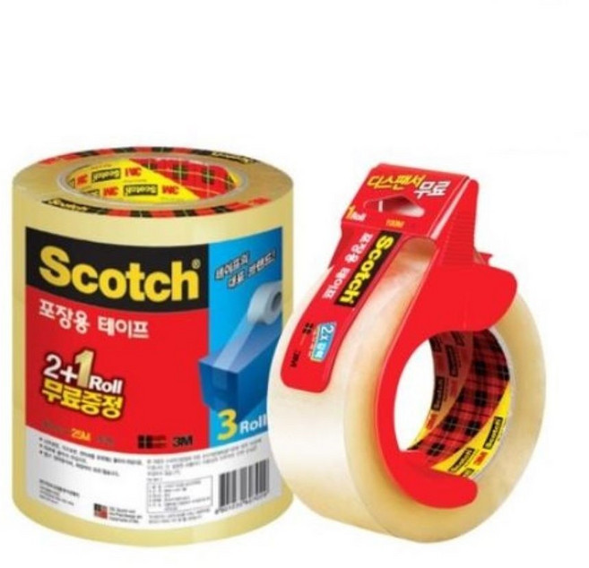 스카치 포장 박스 테이프 48mm x 25m 3625V 2+1 + 48mm x 100m 3615 + 디스펜서, 투명, 1세트