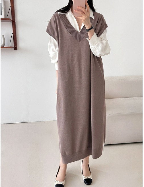 r155 니트 조끼롱원피스 브이넥 루즈핏 니트원피스 레이어드 빅사이즈