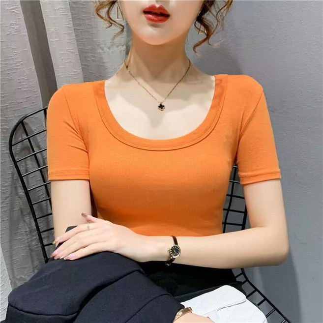螺紋棉U領短袖T恤女緊身上衣 夏季新款修身純色彈力半袖打底衫