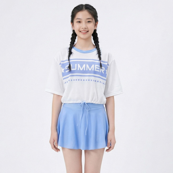 지디오 주니어 여아 수영복 쓰리피스 세트 크롭 나시티 커버업 반팔티 일체형 속바지 스커트 여름 스윔웨어, 블루