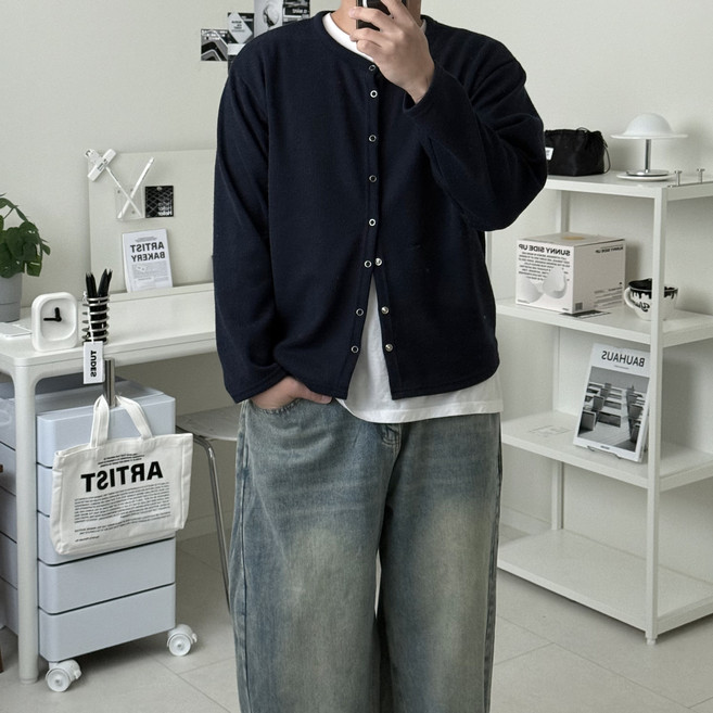 르위 오버핏 라운드 니트가디건 단추 크롭 남녀공용