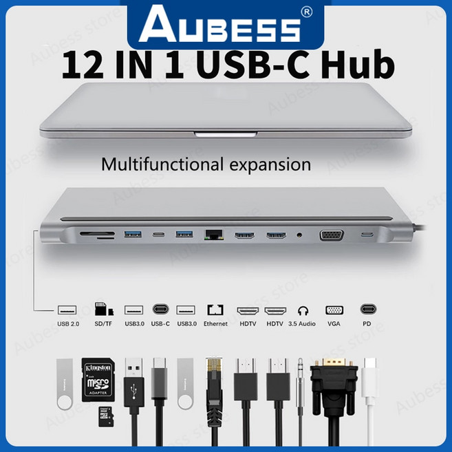 HP 엘리트북 델 XPS 레노버 씽크패드 아수스용 USB C 독 듀얼 HDMI 호환 VGA USB 허브 어댑터 C타입 노트북 도킹 스테이션, 1)12in1 TypeC Hub, 1개