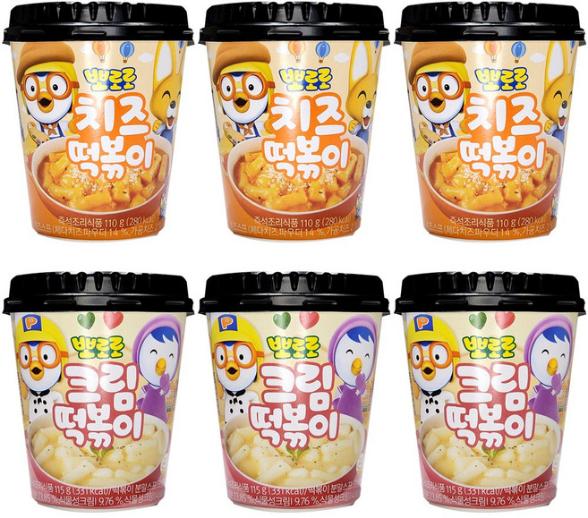 뽀로로 렌지용 컵 떡볶이 치즈3+크림3, 1세트, 675g