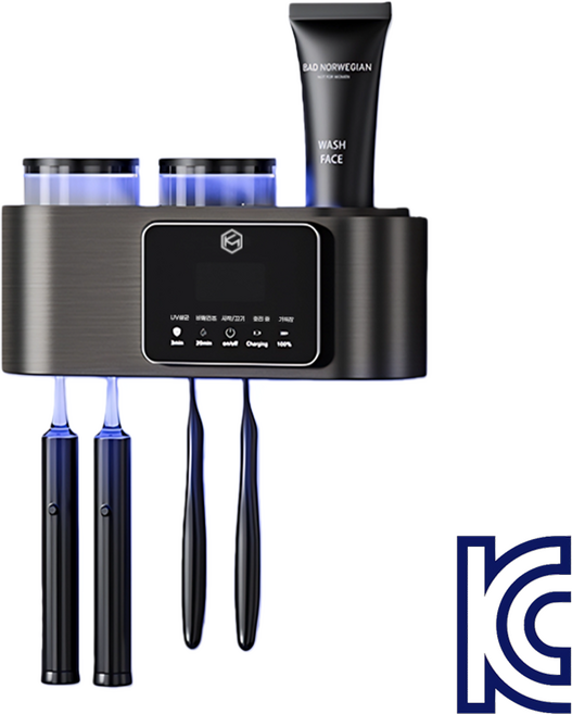 케이엠 무타공 설치 스마트 무선충전 가정용 살균 건조 양치컵세트 칫솔살균기, 그레이