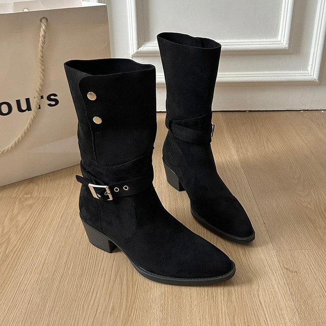 스타일닥터 여성 발편한 미들 부츠 레트로 스타일 버클 뾰족코 소프트 앵클 부츠 웨스턴부츠