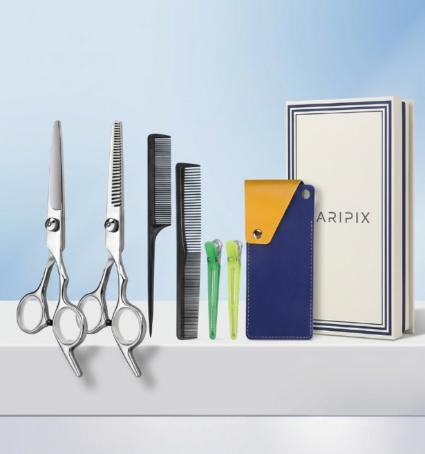 아리픽스 프리미엄 미용가위세트 셀프커트 숱가위 가정용 가죽케이스 빗 헤어집게, 1개, 실버 2종 플러스세트