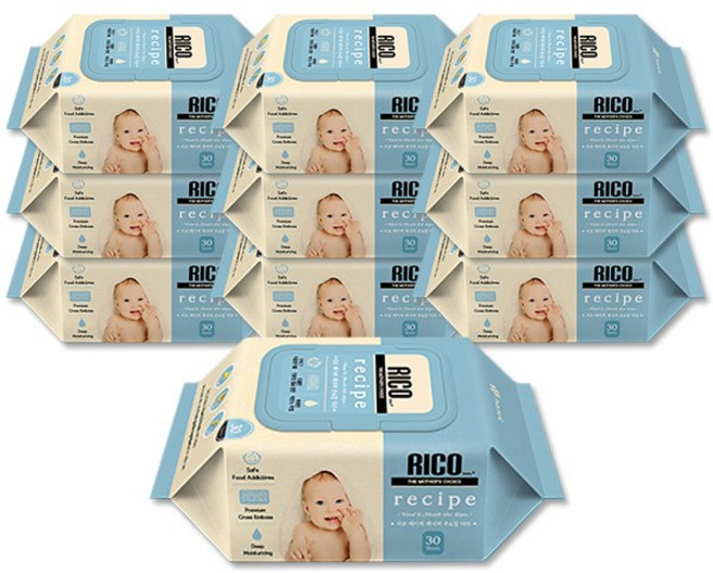 리꼬베이비 레시피 손입전용티슈 30매 캡형 엠보싱 물티슈 55g, 10개