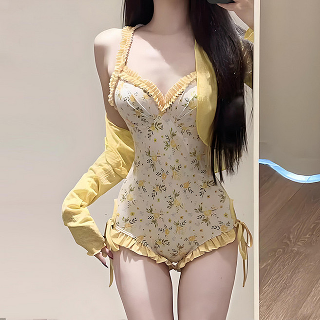 야오야오 여성용 플라워 모노키니 + 가디건 세트, 옐로우