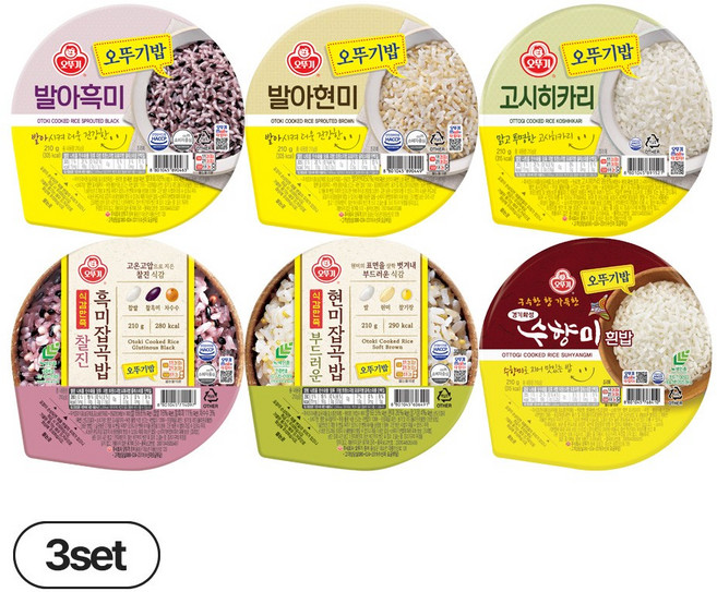 오뚜기밥 18개(고시히카리3+발아현미3+발아흑미3+흑미잡곡밥3+현미잡곡밥3+수향미3), 3.78kg, 1박스