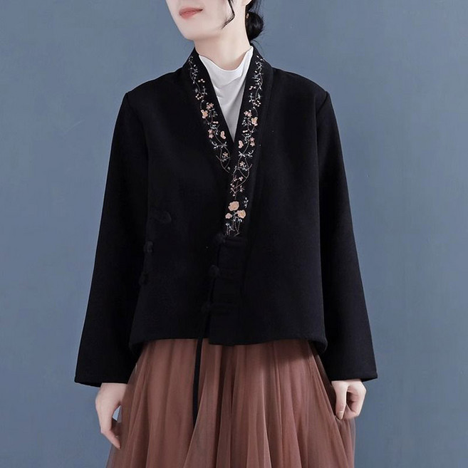 POMTOR 여성 도톰 자수 탑 브이넥 긴팔 카디건 생활한복 캐주얼 루즈핏 개량한복 상의