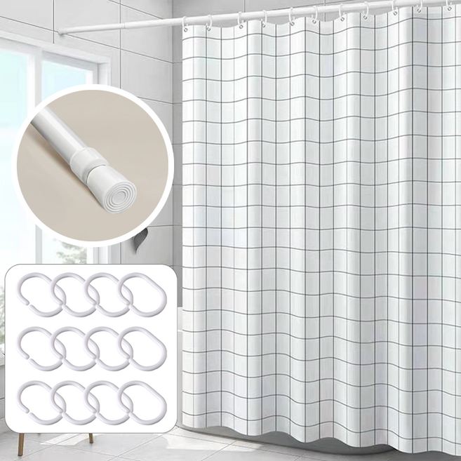 디엔오 샤워커튼세트 욕실 샤워커튼 + 샤워봉 + 커튼링 12p 1세트, 체크무늬 화이트