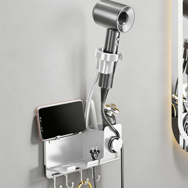 자홀포 프리미엄 각도 조절 호환 수납형 드라이기 거치대, 화이트, 1개