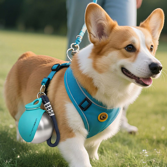 루베라 강아지 휴대용 물통 304 스테인리스 접이식 산책용 애견 물병 급수기 285ml 누수방지 스트랩형, 1개, 티파니 블루 (무지)