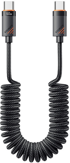 Essager PD 60W 코일 스프링 C to C타입 고속 충전기 케이블 1.2M 1개, 블랙
