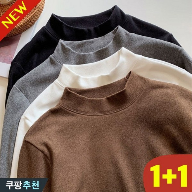 (완전 편한) 1+1 여성 반목 특양면 기모 베이직 긴팔 티셔츠 봄 가을 겨울 빅사이즈 추천 이너 루즈핏 무지 솔리드 모던 디자인 따뜻한 보온 목폴라 기본 티 소프트 여자 티 상의