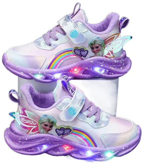 셀럽당 소녀용 겨울왕국 LED 운동화 겨울 엘사 공주 퍼 주니어화