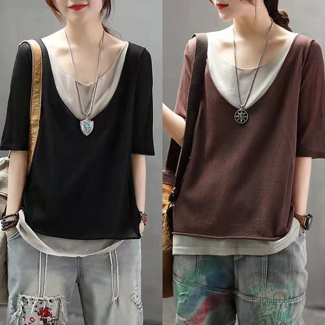 ROYALBELLE 여성 브이넥 레이어드 루즈핏 린넨 반팔 캐주얼 티셔츠 D01031104