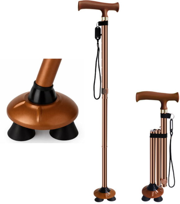 데일리코브 3단 접이식 4발 어르신 지팡이 경량 길이조절 관절형, 1개, 브라운