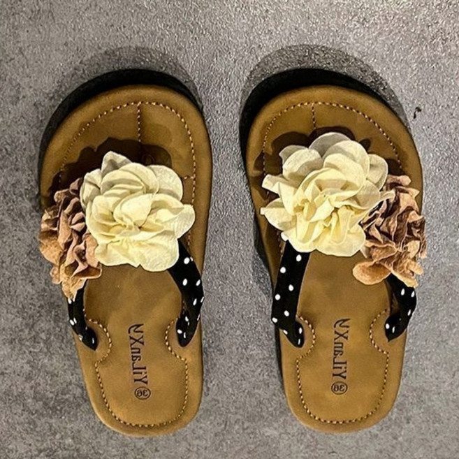 Makone 여성 트랜드 큐티 쪼리 플라워 아플리케 도트 프린트 소프트 플랫 비치 샌들