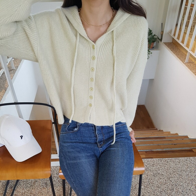 상상그이상 여성용 후드 니트가디건 아우터 스웨터 도톰한 세미크롭 긴팔니트 간절기 단추가디건 파스텔컬러 부드럽고 쫀쫀한 여자 기본니트