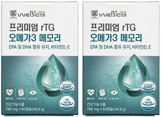 위바이옴 정품 프리미엄 rTG 오메가3 메모리, 60정, 2개