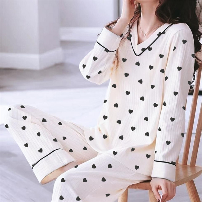 Vezri 여성용 봄 여름 면 얇은 브이넥 하트 무늬 긴팔 티+ 긴바지 잠옷 세트 홈웨어 세트 WHY222