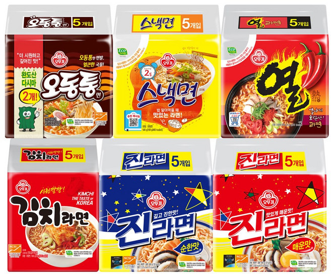 오뚜기 진라면 순한맛5입+매운맛5입+열라면5입+오동통면4입+스낵5입+김치라면4입 6종세트, 6팩