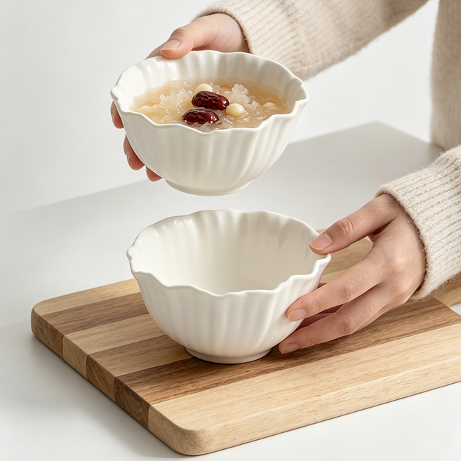 가정용 높은 비주얼 도자기 작은 밥공기 고급 순백 꽃모양 밥그릇 세트240ml, 1세트, 밥공기2p, 화이트