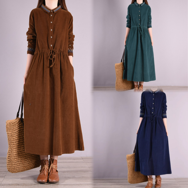 Asure 여자 빅사이즈 코듀로이 원피스 빈티지 셔츠원피스 루즈핏 자수 롱원피스