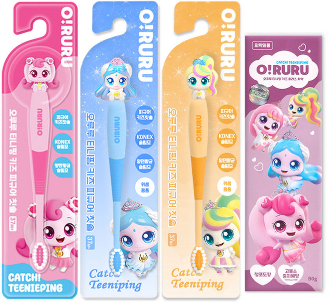 캐치티니핑 피규어 칫솔 3종 + 캐치티니핑 불소치약, 1세트, 4개입, 하츄+사뿐+뽀니+치약