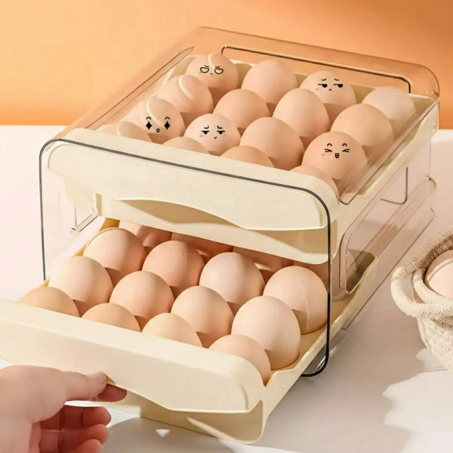 32구 대용량 서랍식 계란 트레이 투명 계란보관용기 보관함, 크림