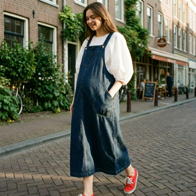 [임부복 원피스] 플랜비 임산부 멜빵 데님 치마