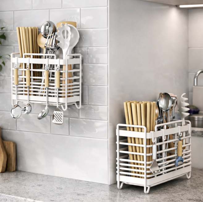 미룬토 무타공 벽걸이 물빠짐 3구 수저통 수저꽂이 조리도구통, 1개, 화이트