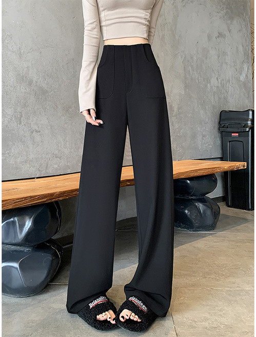 여성용 캐주얼 핀턱주름 포켓 와이드 슬랙스 롱 하이스트팬츠