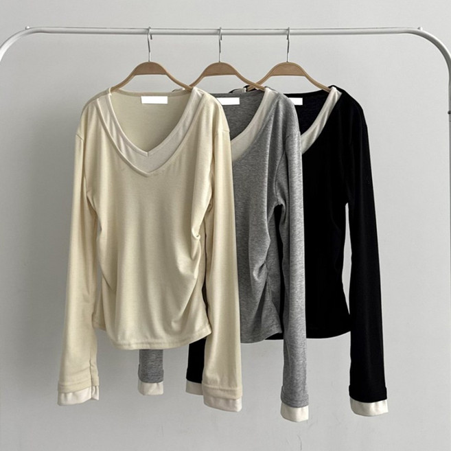 바이어스 여성 봄신상 슬림핏 브이넥 배색 레이어드 긴팔티